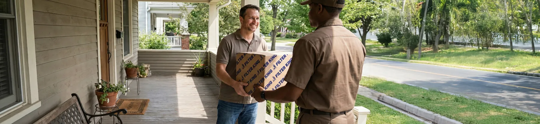 A Filter King delivery being handed to a homeowner on their porch